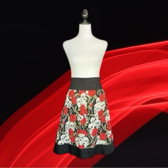Hemet Black White Red Skull Rose Print Rockabilly Pinup A-Line Skirt Size XL - Picture 2 of 8